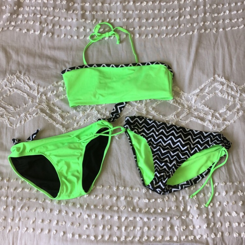 Green, balck and white mix and match bathing suit